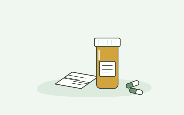 Illustratie: medicijnpotje, recept en capsules